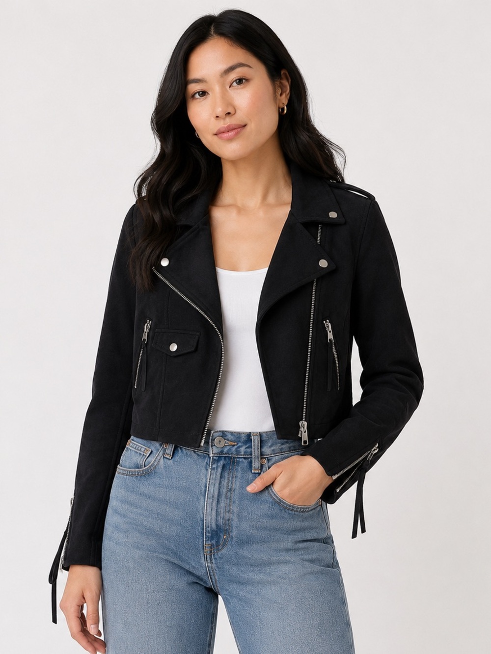 Missguided Black Faux Suede Cropped Moto Jacket Biker size 4